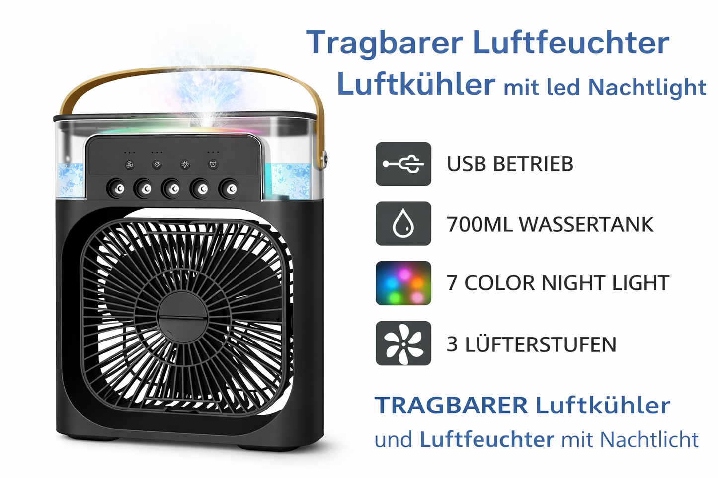 Tragbarer Luftkühler & Luftbefeuchter mit LED-Nachtlicht USB Mini Klimagerät mit 3 Stufen & Timer