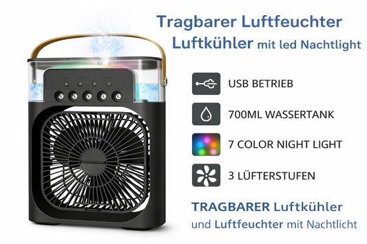 Tragbarer Luftkühler & Luftbefeuchter mit LED-Nachtlicht USB Mini Klimagerät mit 3 Stufen & Timer
