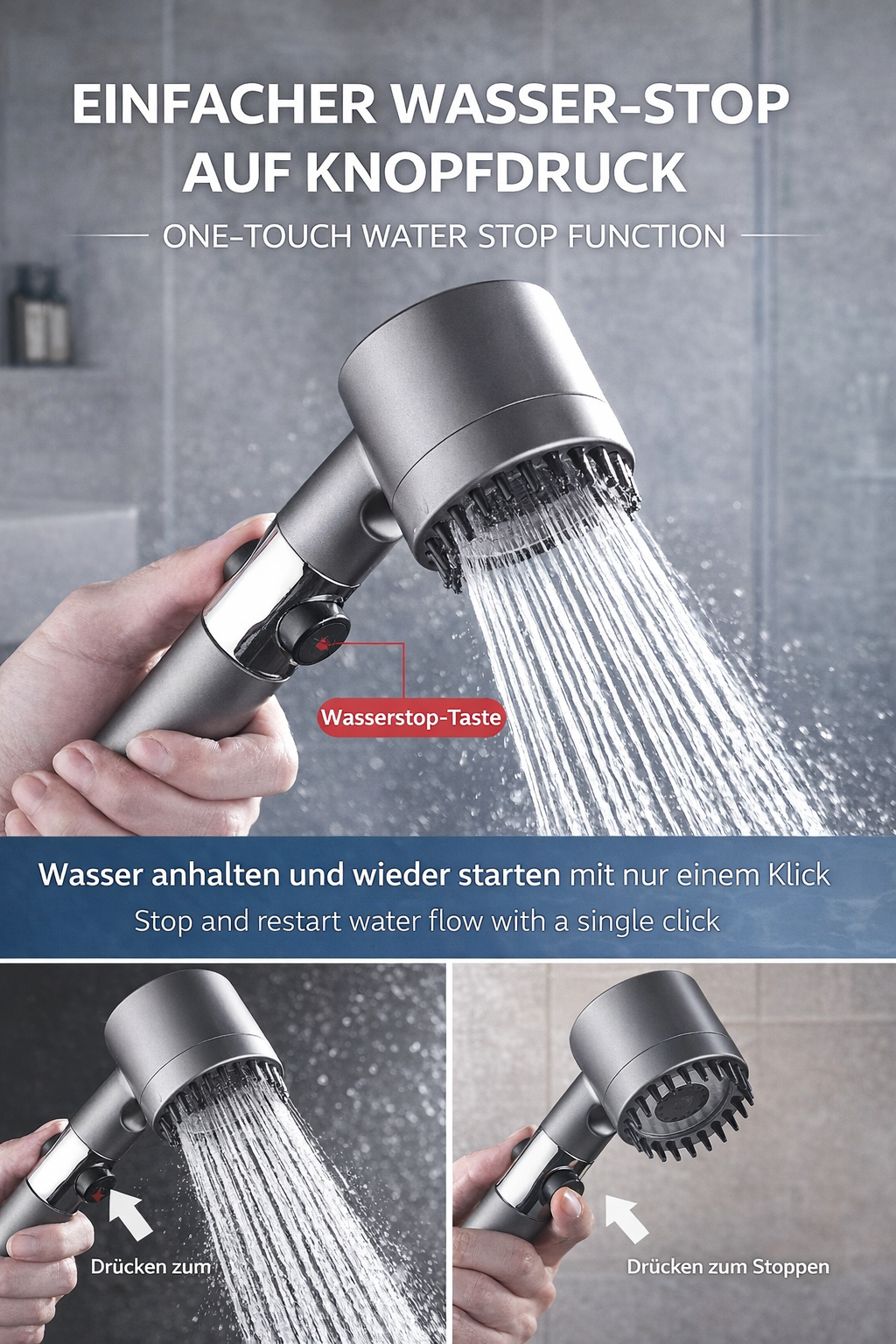 Hochdruck Duschkopf mit Filter & Massagefunktion – 3 Strahlarten, Wassersparend & Hautfreundlich